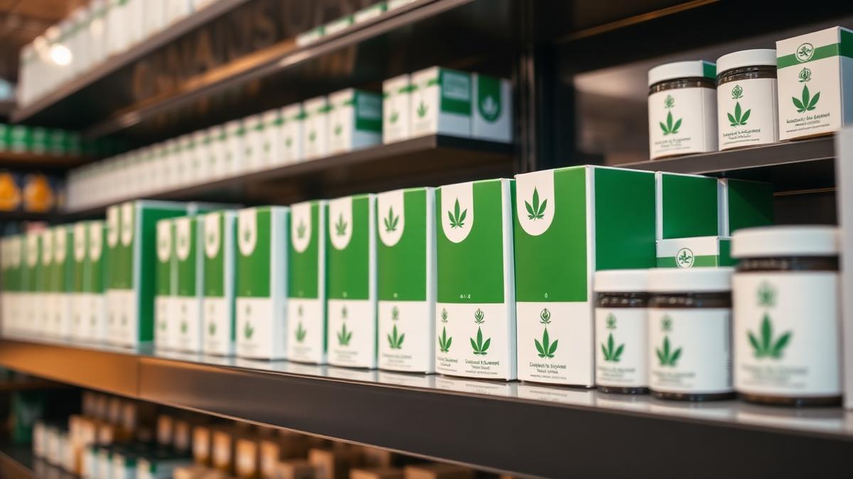 Rows of similar-looking cannabis product packaging on a Michigan dispensary shelf